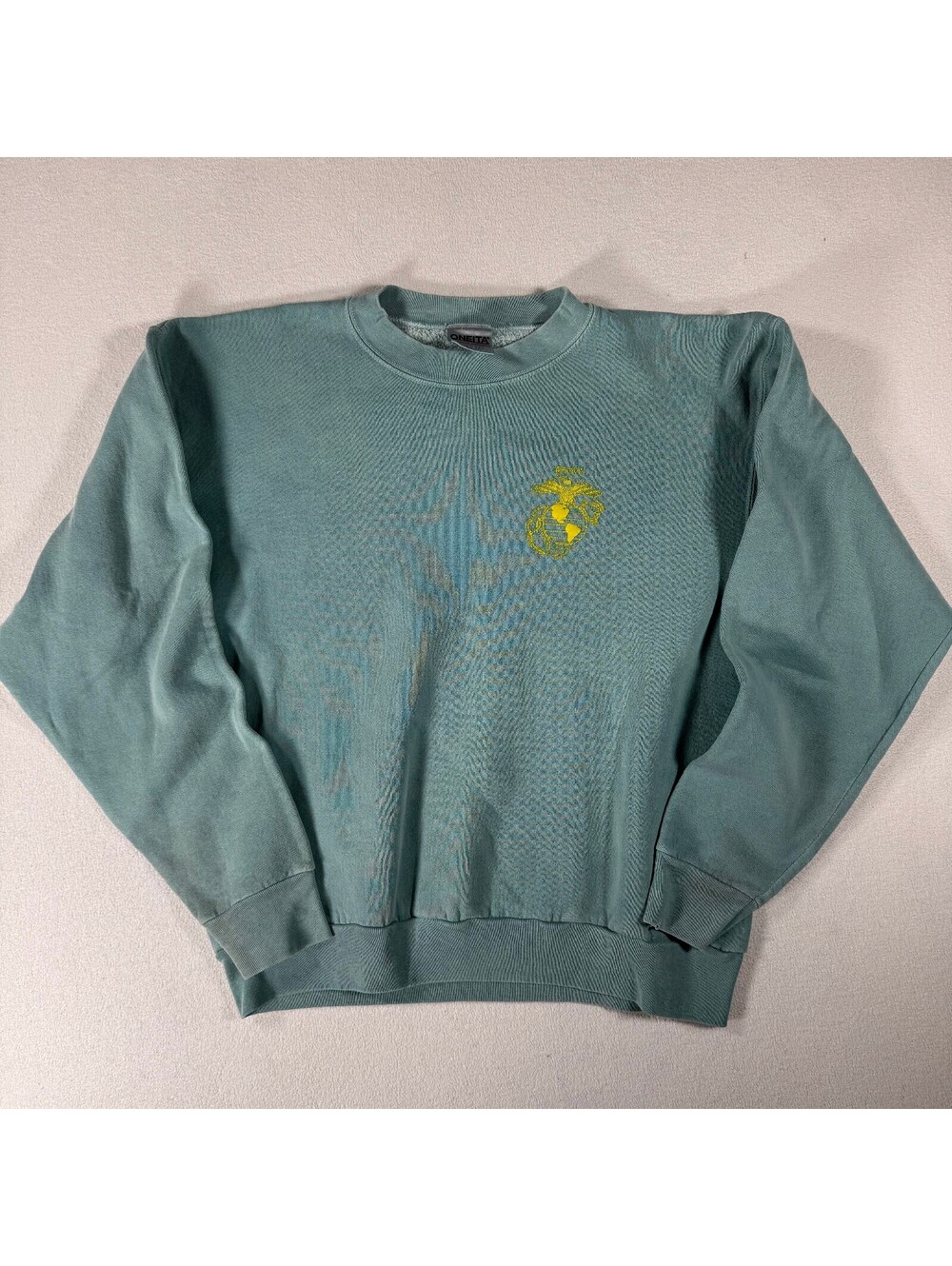 Vintage USMC Devil Dog Puff Print Light Green Sweater Sz L